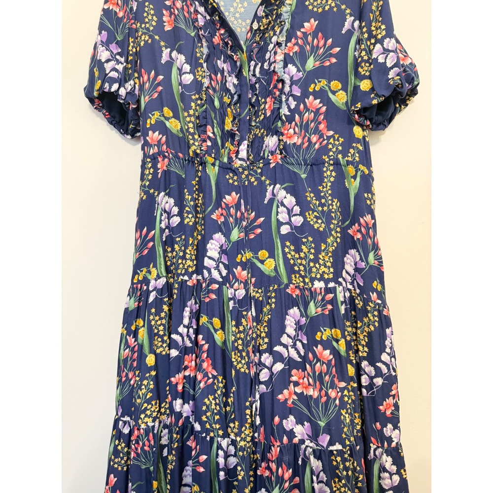J.McLaughlin Silk Blend Floral Tiered Midi Dress Blue Ruffle Neck Pockets XL - Picture 9 of 12